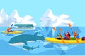 People in arctic look at blue whales, travel outdoors, ocean mammals, beautiful environment, cartoon style vector