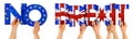 People arms hands holding up wooden letter lettering forming words no brexit in union jack uk national and european flag colors Royalty Free Stock Photo