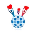 People around Globe hands up with holding heart icon family union, love care in hands logo Royalty Free Stock Photo