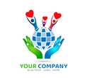 People around Globe hands up with holding heart icon family union, love care in hands logo Royalty Free Stock Photo