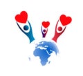 People around Globe hands up with holding heart icon family union, love care in hands logo Royalty Free Stock Photo