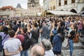 People around the Prague Clock Tower at the Old Town Square, June 16, 2019