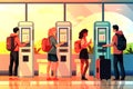 People in arrival waiting room self check in at automatic machine or buying tickets in interactive terminal modern