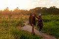 People asia mom and kid holding maps travel backpacks