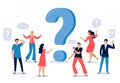 People ask question. Confused person asking questions, crowd finding answers and question sign vector illustration