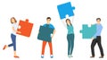 People assemble the puzzle. Collaboration, cooperation, teamwork. Vector illustration of folding a puzzle, people stand and hold