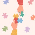 People assembling jigsaw puzzle. Concept of manual activity. Friends pastime. Autistic kids playing mosaic. Teamwork and