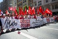 The main banner during the 1st May demonstration in Madrid, Spain