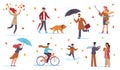 People in autumn. Men, women and kids walk in fall season with umbrellas in rain among yellow leaves and puddles, riding