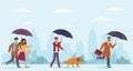 People autumn rain. Women and men with umbrella walking at rainy windy day on street, boy walking with dog and Royalty Free Stock Photo