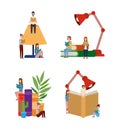 Isolated people avatars with books desk lamp and plant vector design