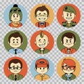 People avatars collection.Professions vector flat icons.Soldier, businessman, manager, showman, sportsman, financier