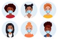 People avatars in medical masks. Doctors woman set icon collection. Different women characters. Isolated illustration