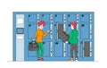 People at Baggage Storage. Male and Female Characters Use Luggage Keeping Service Put Bags into Paid Numbered Lockers