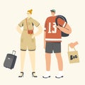 People with Bags Concept. Woman with Reticule, Man with Backpack. Suitcase for Summer Vacation Trip and Eco Tote Bag