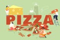 People Baking and Eating Huge Pizza. Male and Female Characters Cut with Knife, Put Ketchup and Cheese