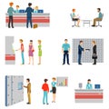 People in a bank interior flat vector icons set