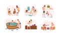 People in banya. Women and man relaxation in public sauna or steam hammam, wellness winter spa procedures in heat water