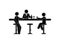 People at the bar, bartender stick figure human silhouettes, simple flat illustration, drinks in glass and bottle, man