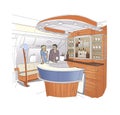 People in the bar business-class aircraft. Young woman and man talking at a bar counter. Linear drawing of the bar interior. Royalty Free Stock Photo