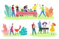 People at barbecue party outdoor, happy friends and family cartoon characters, vector illustration Royalty Free Stock Photo