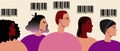 People with barcode, flat vector stock illustration with crowd of multicultural people with barcode for identification or group