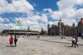 People at the Basilica of Our Lady of Guadalupe, with the old and the new basilica on the background, in Mexico City, Mexico Royalty Free Stock Photo