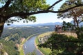 People on Bastei rocks looking at panorama with river Elbe and Rathen, Saxon Switzerland