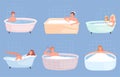People bathing. Happy persons male and female washing body and relaxing in bathtub vector characters