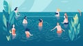 People bathing in the lake. flat cartoon style