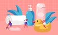 People in Bathroom Concept. Tiny Female Characters Wrapped in Towels Washing Taking Bath Depilate Legs among Huge Cosmetics Royalty Free Stock Photo