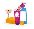 People in Bathroom Concept. Tiny Male Characters Washing and Taking Bath among Huge Cosmetics Bottles Soap