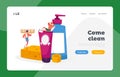 People in Bathroom Landing Page Template Tiny Male Characters Washing and Taking Bath at Huge Cosmetics