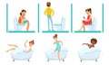 People in Bathroom Set, Young Men and Women Taking Bath in Bathtub and Using Toilet Bowls Vector Illustration Royalty Free Stock Photo