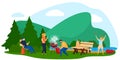 People on bbq grill party flat vector illustration, cartoon family or friend character cooking grilled barbecue meat Royalty Free Stock Photo