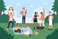 People on bbq party vector illustration, cartoon flat young hipster friends have fun on on bbq grilling picnic outdoors Royalty Free Stock Photo