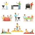 People On BBQ Picnic Outdoors Eating And Cooking Grilled Meat On Electric Barbecue Grill Collection Of Scenes Royalty Free Stock Photo