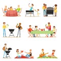 People On BBQ Picnic Outdoors Eating And Cooking Grilled Meat On Electric Barbecue Grill Set Of Scenes Royalty Free Stock Photo