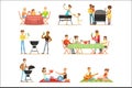 People On BBQ Picnic Outdoors Eating And Cooking Grilled Meat On Electric Barbecue Grill Set Of Scenes