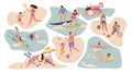 People beach activities. Cartoon characters on summer vacation, surfing swimming sunbathing outdoor scenes