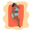 People at beach. Body positive woman lying. Cartoon flat style character sunbathing, summer activities. Summertime Royalty Free Stock Photo