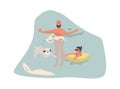 People at beach. Cartoon man with dog in water. Cute girl swimming on inflatable ring. Holiday activities, summer Royalty Free Stock Photo