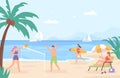 People at beach. Cartoon sea landscape with characters on vacation. People playing volleyball, relaxing Royalty Free Stock Photo