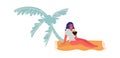 People at beach. Cartoon woman lie on sand under palm tree. Female in swimwear and sunglasses hold tropical cocktail Royalty Free Stock Photo