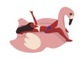 People at beach. Cartoon woman swimming in pool on pink flamingo inflatable mattress. Young female sunbathing at