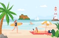 People at beach. Female and male characters on vacation having different activities. Woman sunbathing, man swimming Royalty Free Stock Photo