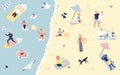 People at beach or seashore relaxing flat cartoon