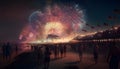 People on the beach and the shooting of colorful fireworks against the night sky. New Year\'s fun and festivities Royalty Free Stock Photo