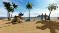 People on the beach on a sunny day with palm trees and cruise ship running