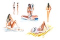 People on the beach Tanning women, sunbathing girls Summer holiday. Royalty Free Stock Photo